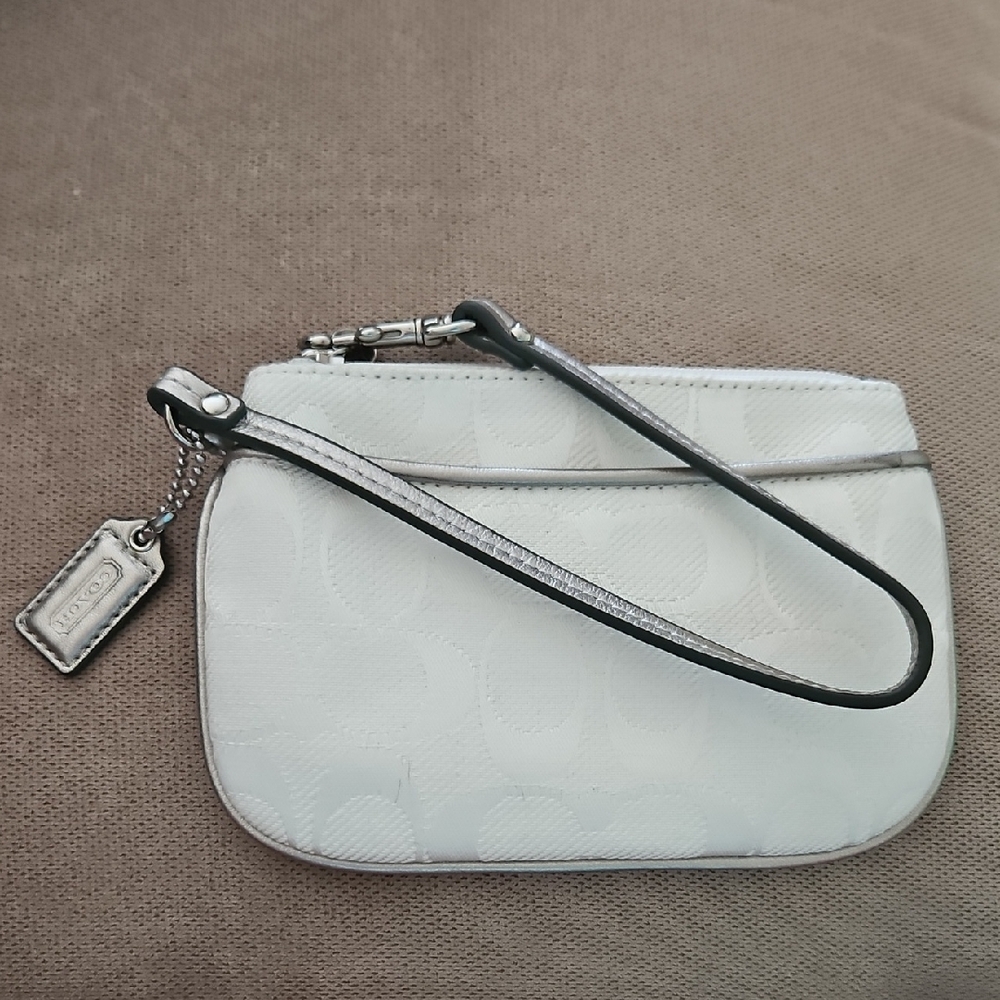Coach White Signature Wristlet with Silver Hardware